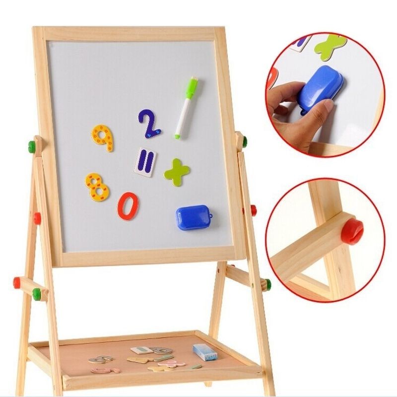 Tablita magnetica cu 2 fete, marker, burete, creta, cifre magnetice, suport lemn, 35x31cm - imagine 4
